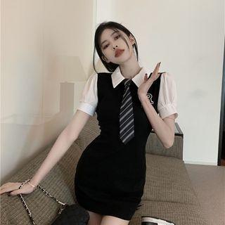 Short-sleeve Neck Tie Mock Two Piece Sheath Dress
