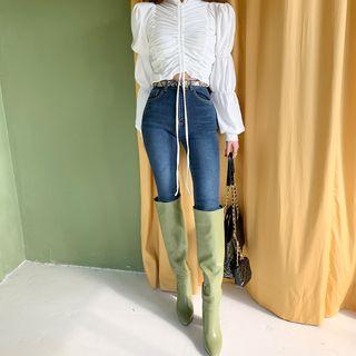 Fleece-lined Boot-cut Jeans Dark Blue - One Size