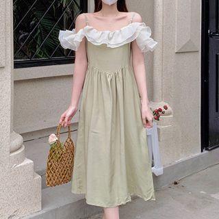 Off-shoulder Ruffled Midi A-line Dress Avocado Green - One Size