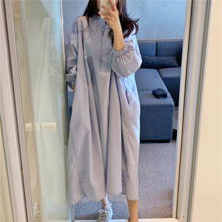 Puff-sleeve Henley Midi Shirtdress