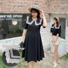 Short-sleeve Lace Trim Sailor-collar Midi Dress / Blouse