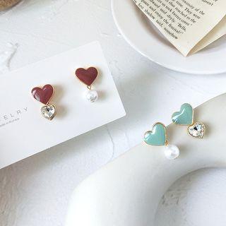 Non-matching Rhinestone Faux Pearl Heart Dangle Earring