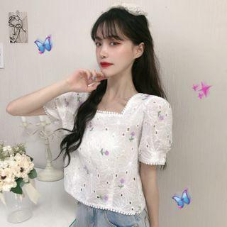 Floral Embroidered Perforated Short-sleeve Blouse