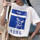Short-sleeve Cartoon Printed Chinese Character T-shirt