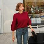 Balloon-sleeve Colored Knit Top