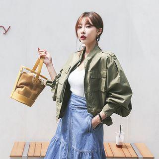 Stand-collar Fray-hem Military Jacket