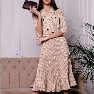 Double-breasted Plaid Pleated Dress