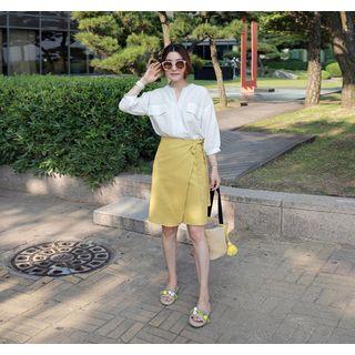Linen Blend Surplice-wrap Skirt