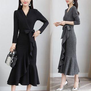Long Sleeve V-neck Mermaid Wrapped Dress