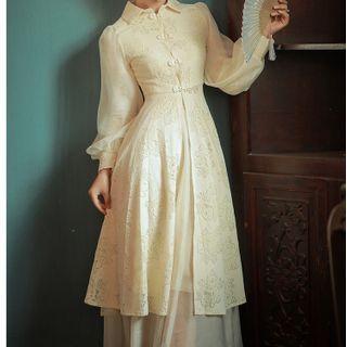 Set: Long-sleeve Lace Midi Dress + Mesh Midi Skirt