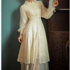 Set: Long-sleeve Lace Midi Dress + Mesh Midi Skirt