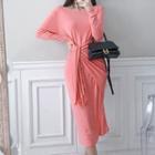 Long-sleeve Tie-waist Knit Midi Sheath Dress