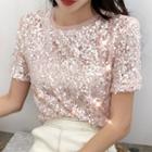 Sequined Short-sleeve T-shirt Pink - One Size