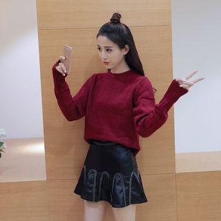 Set: Lace Up Back Sweater + Faux Leather Mini Skirt