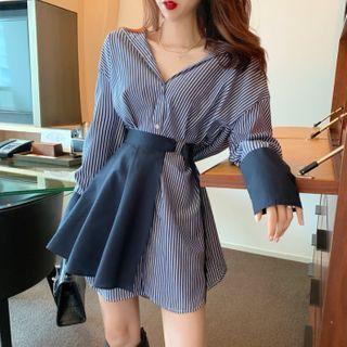 Set: Striped Long-sleeve Shirtdress + Mini A-line Skirt