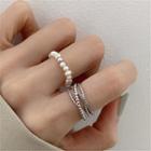 Set : Freshwater Pearl Ring + Layered Alloy Ring Set Of 2 - Faux Pearl & Rhinestone - Silver - One Size