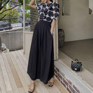 Set: Short-sleeve Tie-neck Dotted Blouse + Maxi A-line Skirt