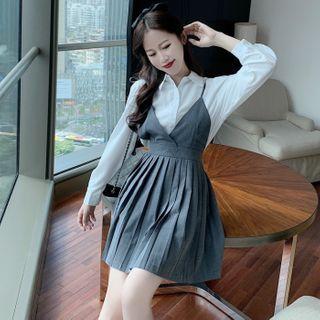 Long-sleeve Plain Shirt / Spaghetti-strap Pleated Dress