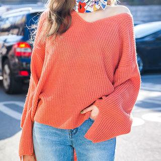 V-neck Slit Wide-sleeve Knit Top