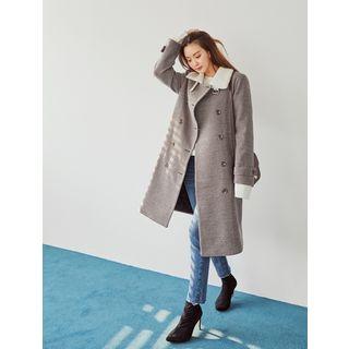 Plus Size Fleece-collar Double-breasted Herringbone Coat