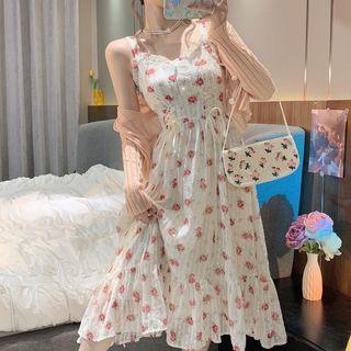 Sleeveless Floral Midi A-line Dress / Cardigan