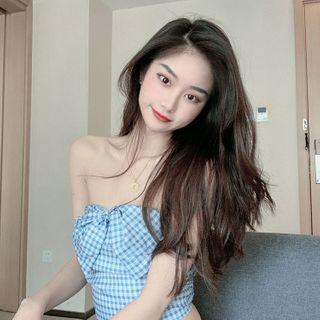 Bow Plaid Cropped Tube Top Blue - One Size