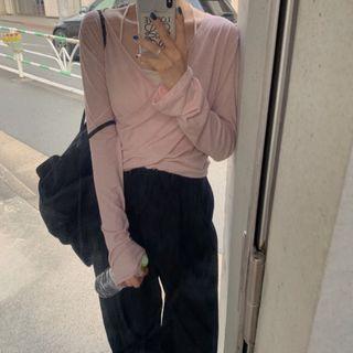 V-neck Long-sleeve T-shirt Mauve - One Size