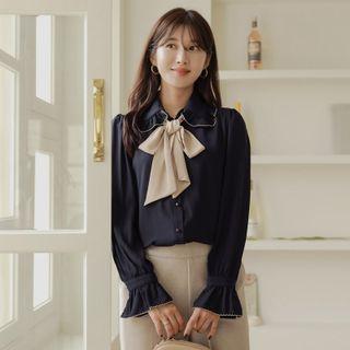 Scallop-edge Frill-trim Blouse With Sash
