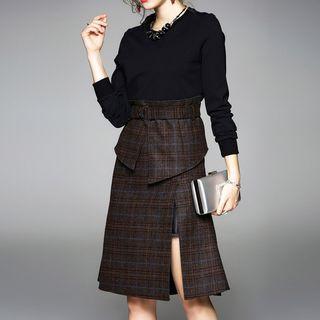 Set: Plaid Panel Long Sleeve Knit Top + Plaid Midi Skirt