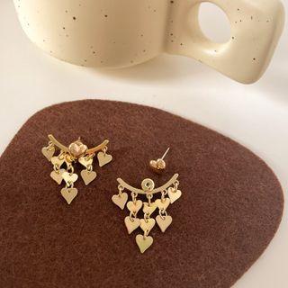 Heart Drop Earring 1 Pair - Silver Pin - Heart & Tassel - Gold - One Size
