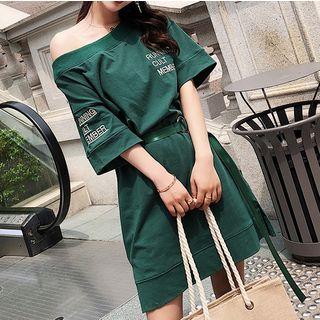 Lettering Short-sleeve T-shirt Dress With Belt