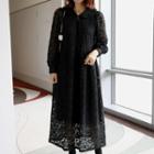 Peterpan-collar Long Lace Dress Black - One Size