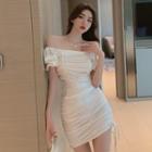 Off-shoulder Plain Shirred Mini Bodycon Dress