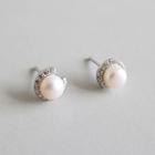 925 Sterling Silver Freshwater Pearl Rhinestone Stud Earring 925 Silver - Platinum - One Size