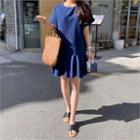 Round-neck Ruffle-hem Linen Blend Dress