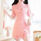 Set: Short-sleeve Lace Mini A-line Qipao Dress + Shorts