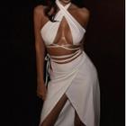 Set: Halter-neck Bralette + Tie-waist Midi Wrap Dress