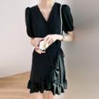 V-neck Plain Ruffle Drawstring A-line Mini Dress Black - One Size