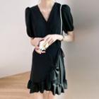 V-neck Plain Ruffle Drawstring A-line Mini Dress Black - One Size