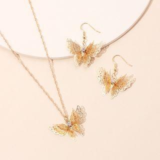Set: 3d Butterfly Pendant Necklace + Dangle Earring