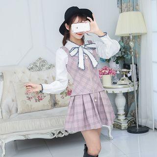 Plaid A-line Pinafore Dress / Bow Accent Blouse