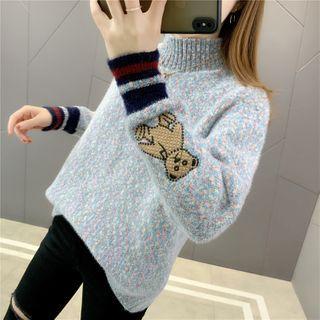 Embroidered Mock-neck Melange Sweater
