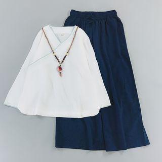 V-neck Long-sleeve Hanfu Top / Elastic Waist Wide-leg Pants