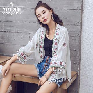3/4-sleeve Embroidered Fringed Light Jacket White - One Size