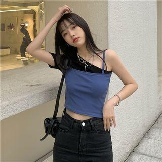One-shoulder Panel Cropped T-shirt Blue & Black - One Size