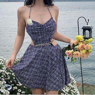 Halter-neck Plaid Cutout Swimdress