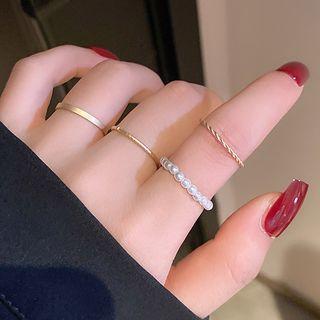 Set Of 4: Faux Pearl Alloy Ring Gold - One Size