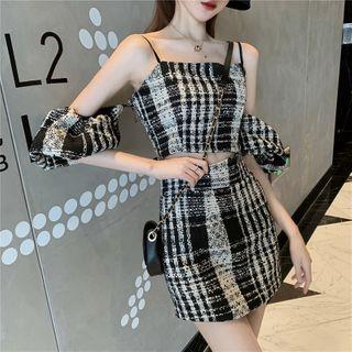 Plaid Cold-shoulder Cropped Top / Mini Pencil Skirt