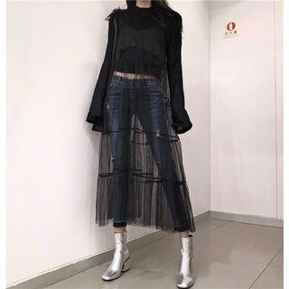 Spaghetti-strap Midi Mesh Dress Black - One Size
