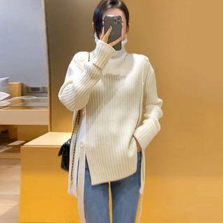 High-neck Long-sleeve Plain Lace Up Knit Sweater